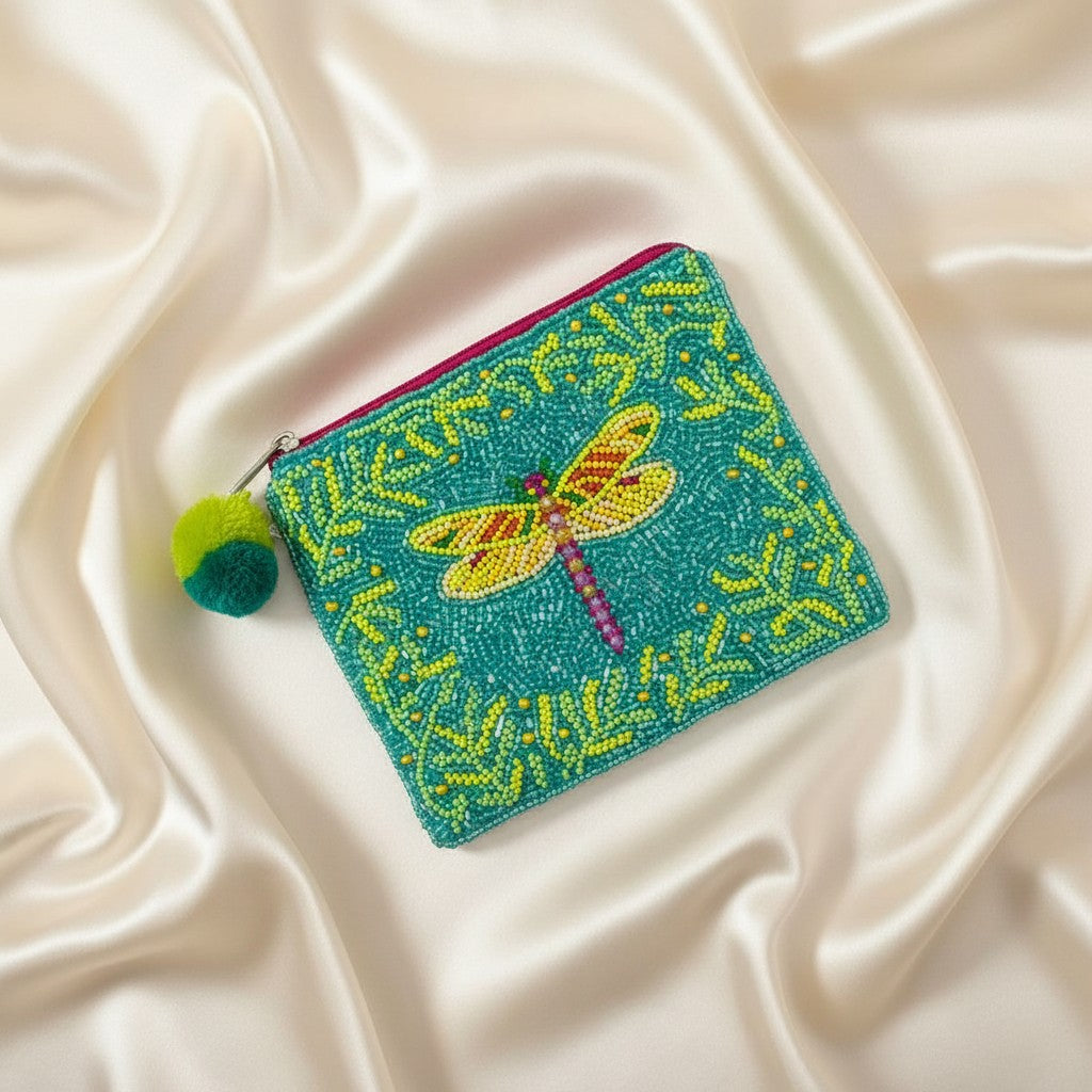 Yellow Green Dragon Fly Beaded Coin Pouch