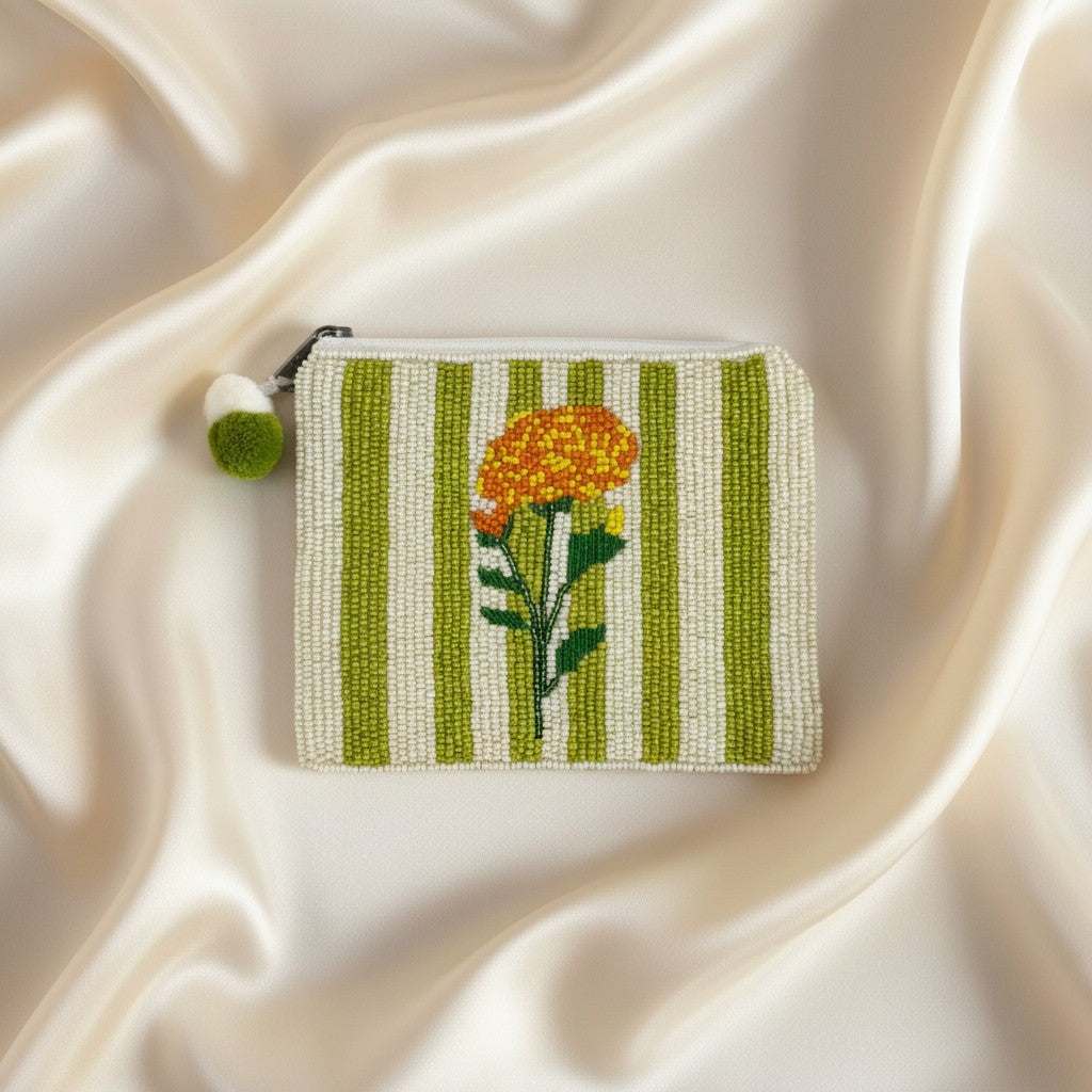 Marigold Striped Beaded Coin Pouch