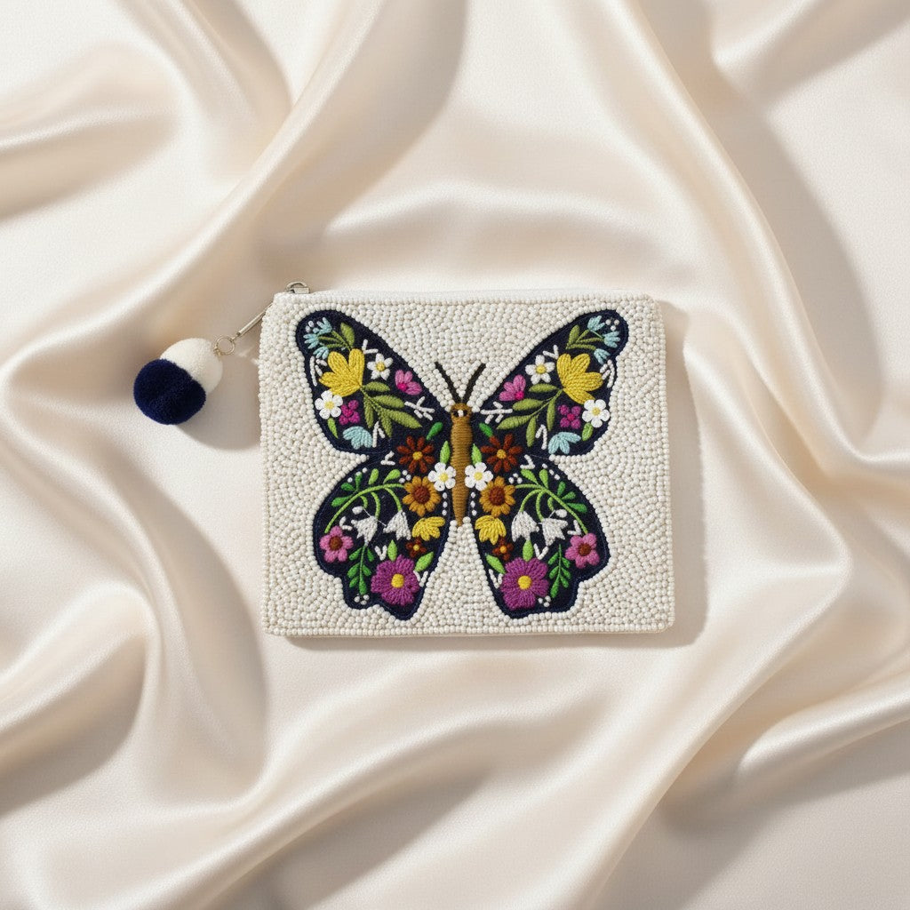 Embroidered Butterfly Beaded Coin Pouch