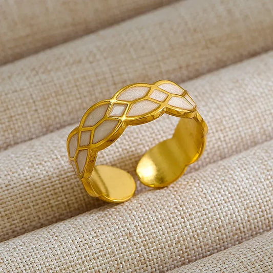 18K Gold Plated Stainless Steel White Lattice Adjustable Ring
