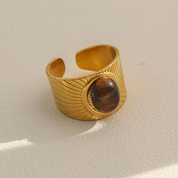 18K Gold Plated Stainless Steel Tiger Eye Sun Adjustable Ring