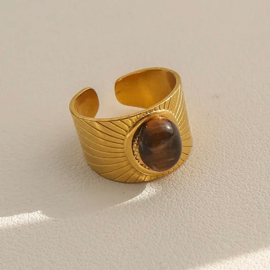 18K Gold Plated Stainless Steel Tiger Eye Sun Adjustable Ring