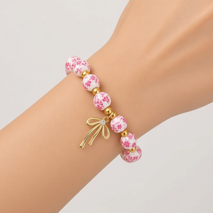 Blue and White Ceramic Bead Bowknot Charm Bracelet - Pink Floral Ceramic