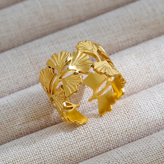 18K Gold Plated Stainless Steel Ginkgo Leaf Adjustable Ring Geometric Open Band