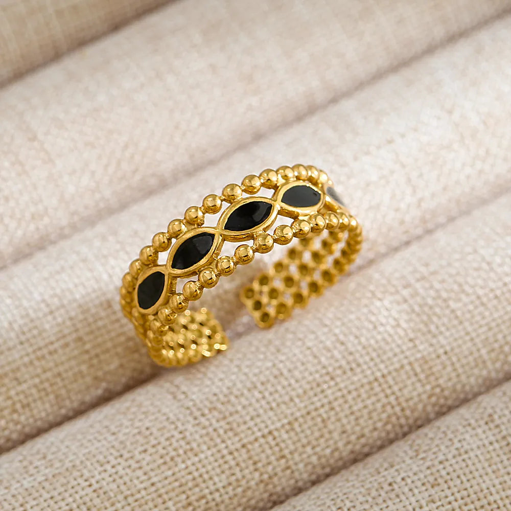 18K Gold Plated Stainless Steel Black Marquise Adjustable Ring Geometric Open Band