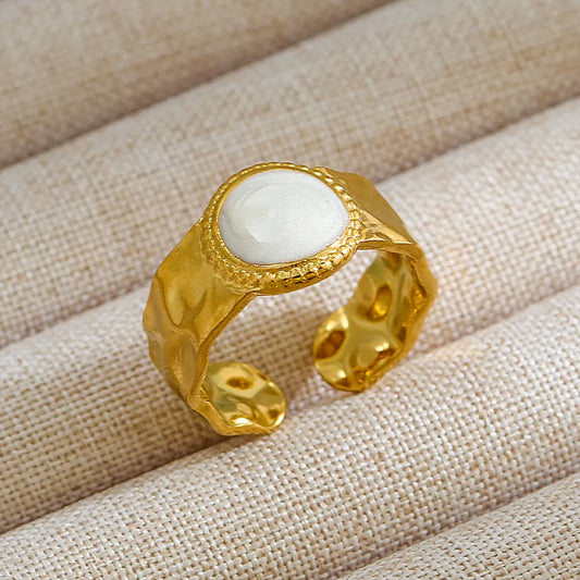 18K Gold Plated Stainless Steel Hammered Pearl Adjustable Ring Geometric Open Band