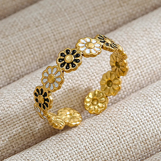 18K Gold Plated Stainless Steel Black White Daisy Adjustable Ring Geometric Open Band