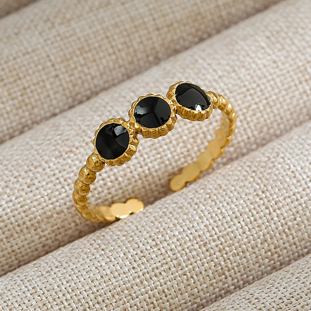 18K Gold Plated Stainless Steel Three Black Stones Adjustable Ring Geometric Open Band