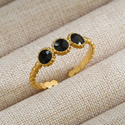 18K Gold Plated Stainless Steel Three Black Stones Adjustable Ring Geometric Open Band