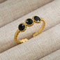 18K Gold Plated Stainless Steel Three Black Stones Adjustable Ring Geometric Open Band