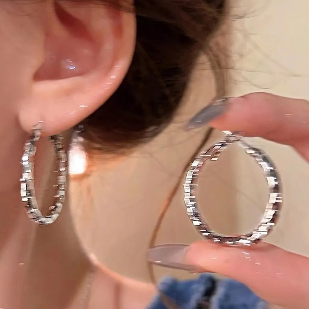 Geometric Metal Etched Giant Hoop Earrings With 925 Sterling Silver Earring Post
