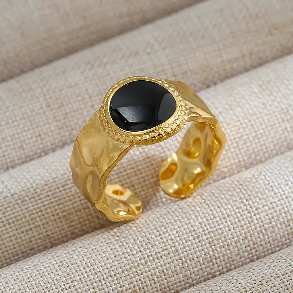 18K Gold Plated Stainless Steel Hammered Black Stone Adjustable Ring Geometric Open Band