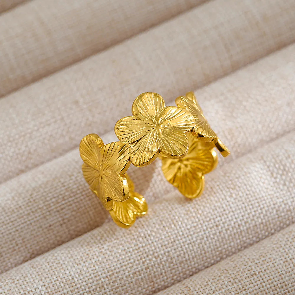 18K Gold Plated Stainless Steel Gold Flower Adjustable Ring Geometric Open Band