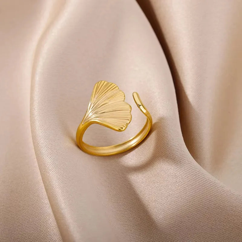 Stainless Steel Realistic Ginkgo Leaf Adjustable Open Ring Gold Plated