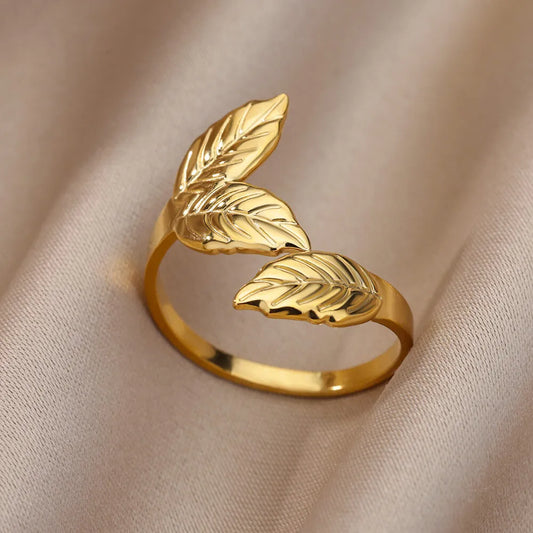 Stainless Steel Glossy Triple Leaf Adjustable Open Ring Gold Plated