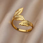Stainless Steel Glossy Triple Leaf Adjustable Open Ring Gold Plated