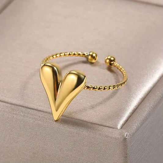 Stainless Steel Braided Band V-shape Adjustable Open Ring Gold Plated