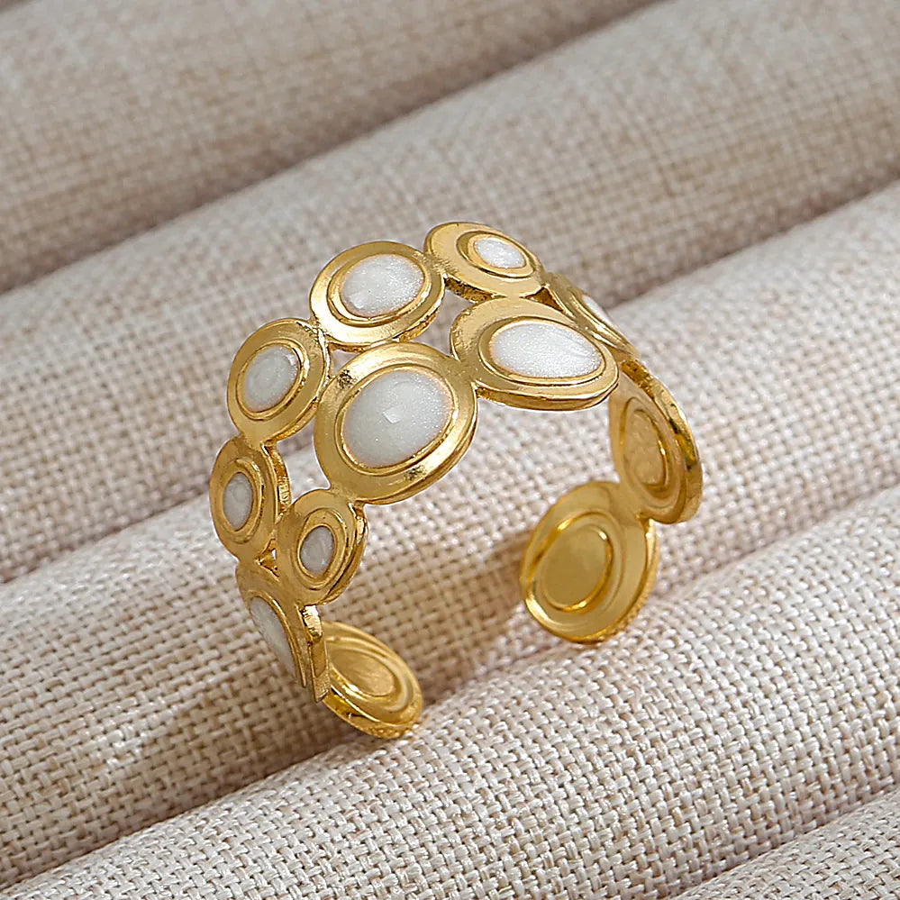 18K Gold Plated Stainless Steel Hollow Mother of Pearl Adjustable Ring Geometric Open Band