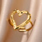 Stainless Steel Irregular Lava Hollow Heart Adjustable Open Ring Gold Plated