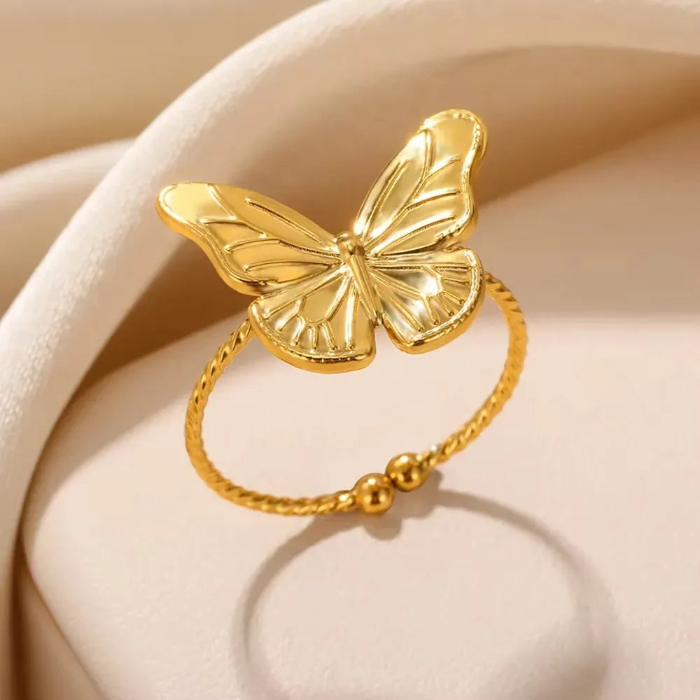 Stainless Steel Butterfly Hollow Braided Adjustable Open Ring Gold Plated