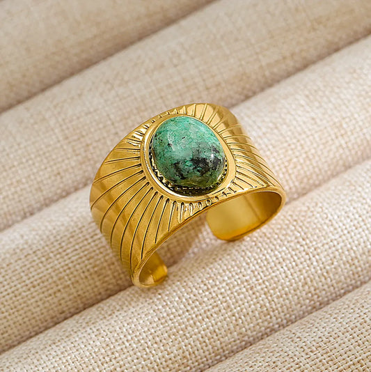 18K Gold Plated Stainless Steel Green Oval Stone Adjustable Ring Geometric Open Band