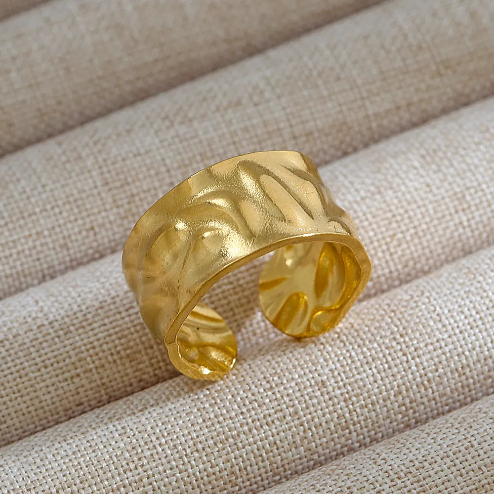 18K Gold Plated Stainless Steel Ripple Hammered Adjustable Ring Geometric Open Band