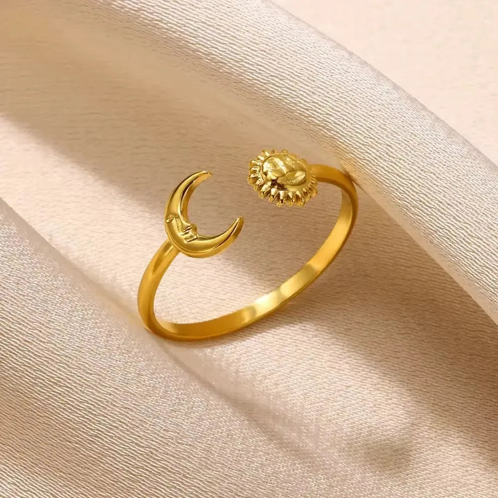 Stainless Steel Sun Moon Relief Adjustable Open Ring Gold Plated