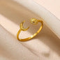 Stainless Steel Sun Moon Relief Adjustable Open Ring Gold Plated