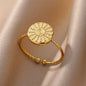 Stainless Steel Radial Sun Coin Braided Adjustable Open Ring Gold Plated