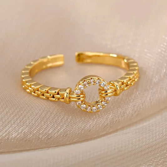 Stainless Steel Tank Chain Hollow Circle Pave Rhinestone Adjustable Open Ring Gold Plated