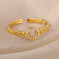 Stainless Steel Tank Chain Hollow Circle Pave Rhinestone Adjustable Open Ring Gold Plated