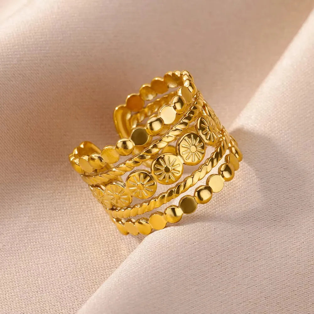 Stainless Steel Layered Relief Daisy Adjustable Open Ring Gold Plated