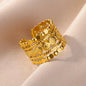 Stainless Steel Layered Relief Daisy Adjustable Open Ring Gold Plated