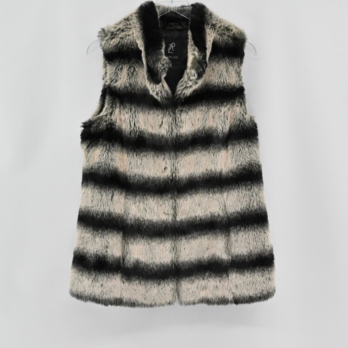 RACHEL ZOE Womens Size M Faux Chinchilla Fur Vest Black Stripe Retro Mob Wife