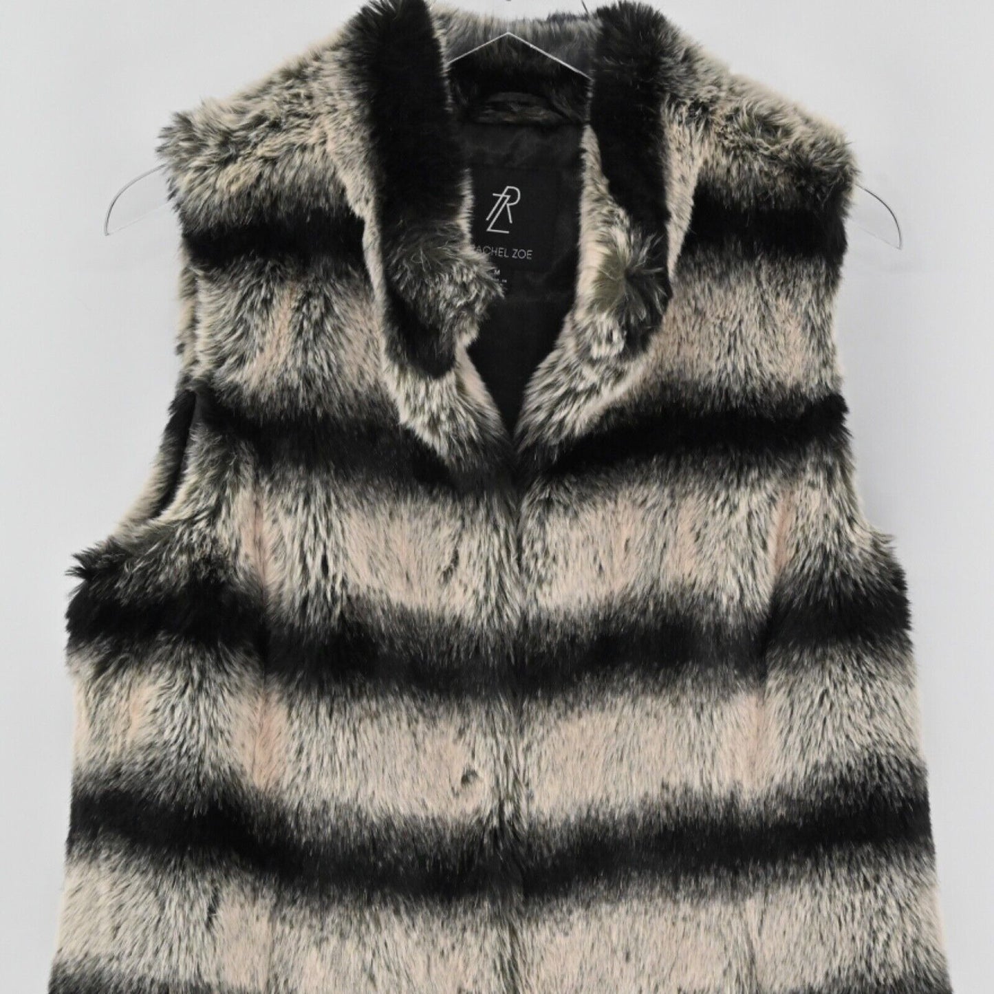 RACHEL ZOE Womens Size M Faux Chinchilla Fur Vest Black Stripe Retro Mob Wife