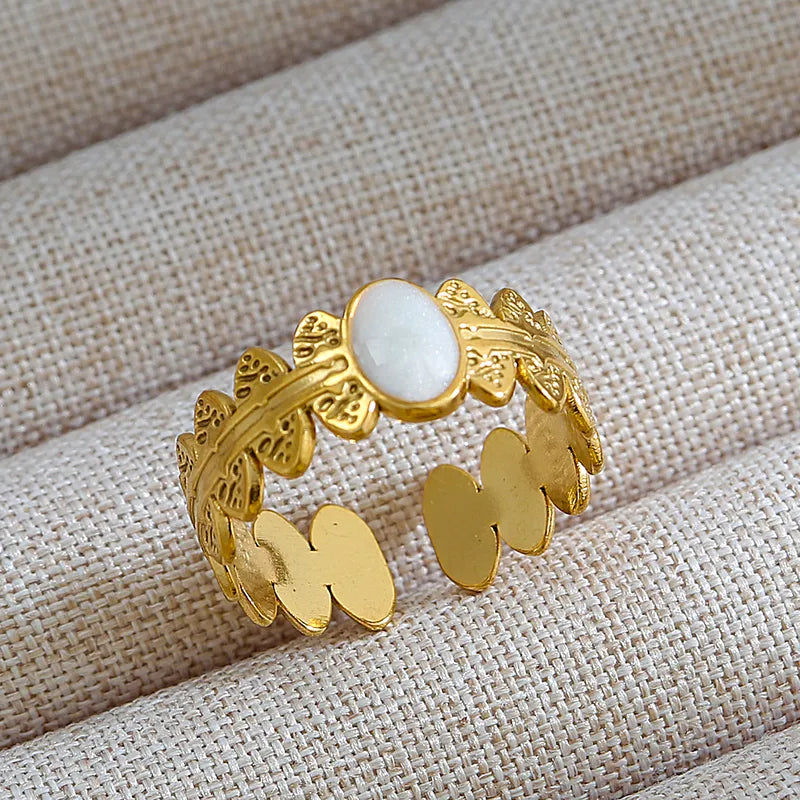 18K Gold Plated Stainless Steel Leaf Pattern White Stone Adjustable Ring