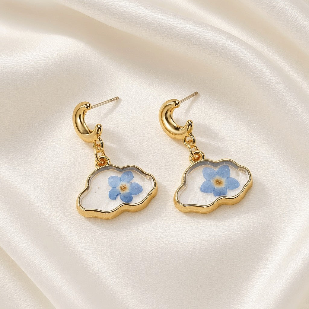 Resin Cloud Dried Flower Drop Earrings Golden Moon Stainless Steel Post - Blue Flower Cloud
