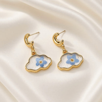 Resin Cloud Dried Flower Drop Earrings Golden Moon Stainless Steel Post - Blue Flower Cloud