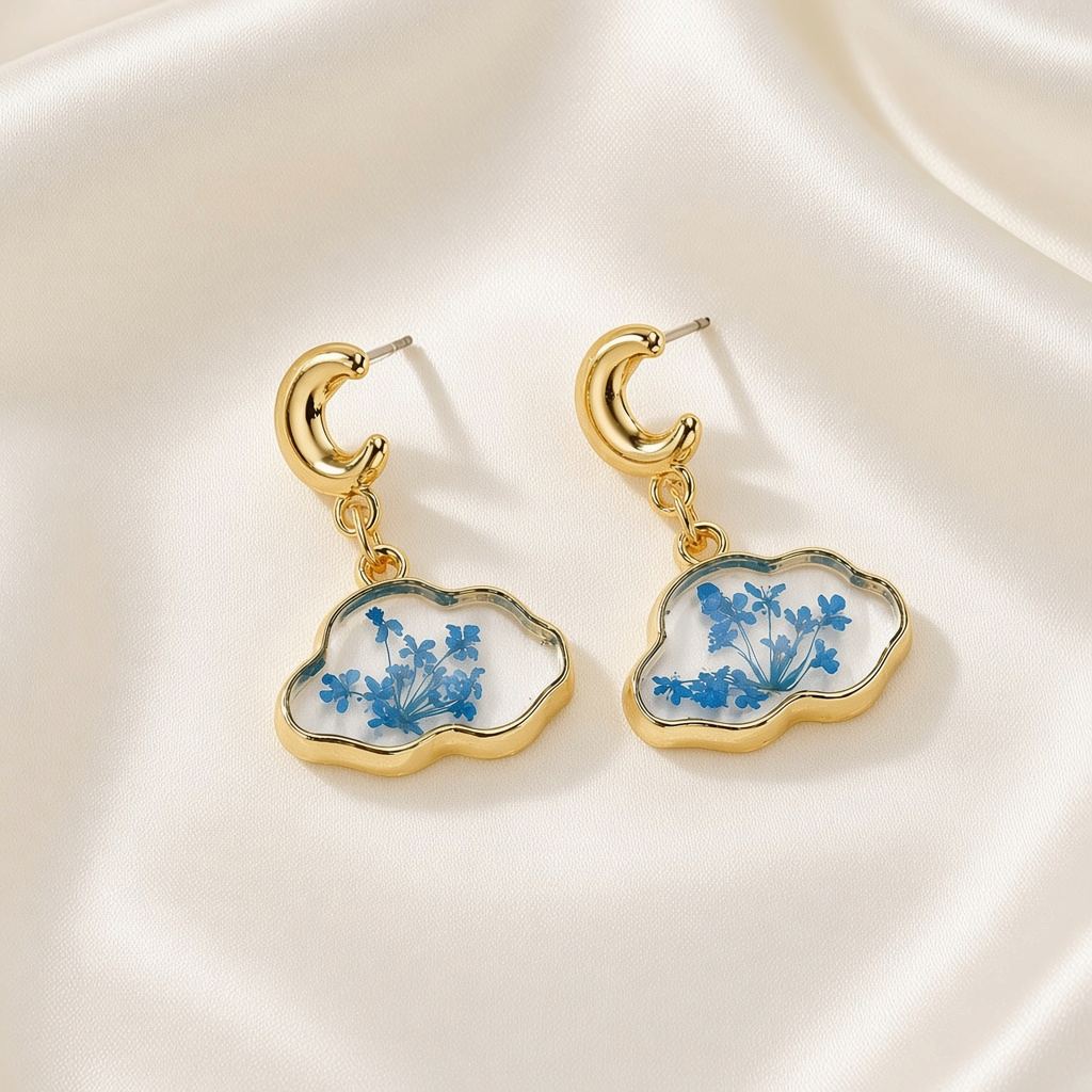 Resin Cloud Dried Flower Drop Earrings Golden Moon Stainless Steel Post - Blue Gypsophila Cloud