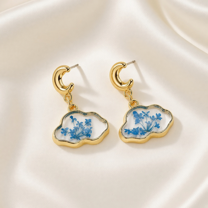 Resin Cloud Dried Flower Drop Earrings Golden Moon Stainless Steel Post - Blue Gypsophila Cloud