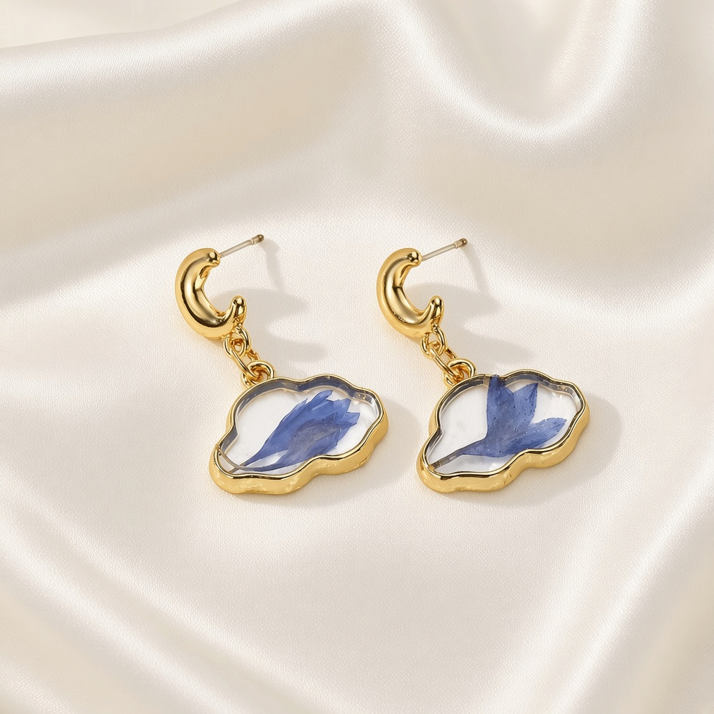 Resin Cloud Dried Flower Drop Earrings Golden Moon Stainless Steel Post - Dark Blue Cloud