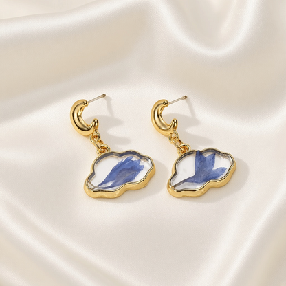 Resin Cloud Dried Flower Drop Earrings Golden Moon Stainless Steel Post - Dark Blue Cloud