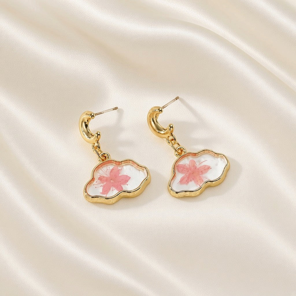 Resin Cloud Dried Flower Drop Earrings Golden Moon Stainless Steel Post - Pink Flower Cloud