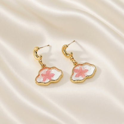 Resin Cloud Dried Flower Drop Earrings Golden Moon Stainless Steel Post - Pink Flower Cloud