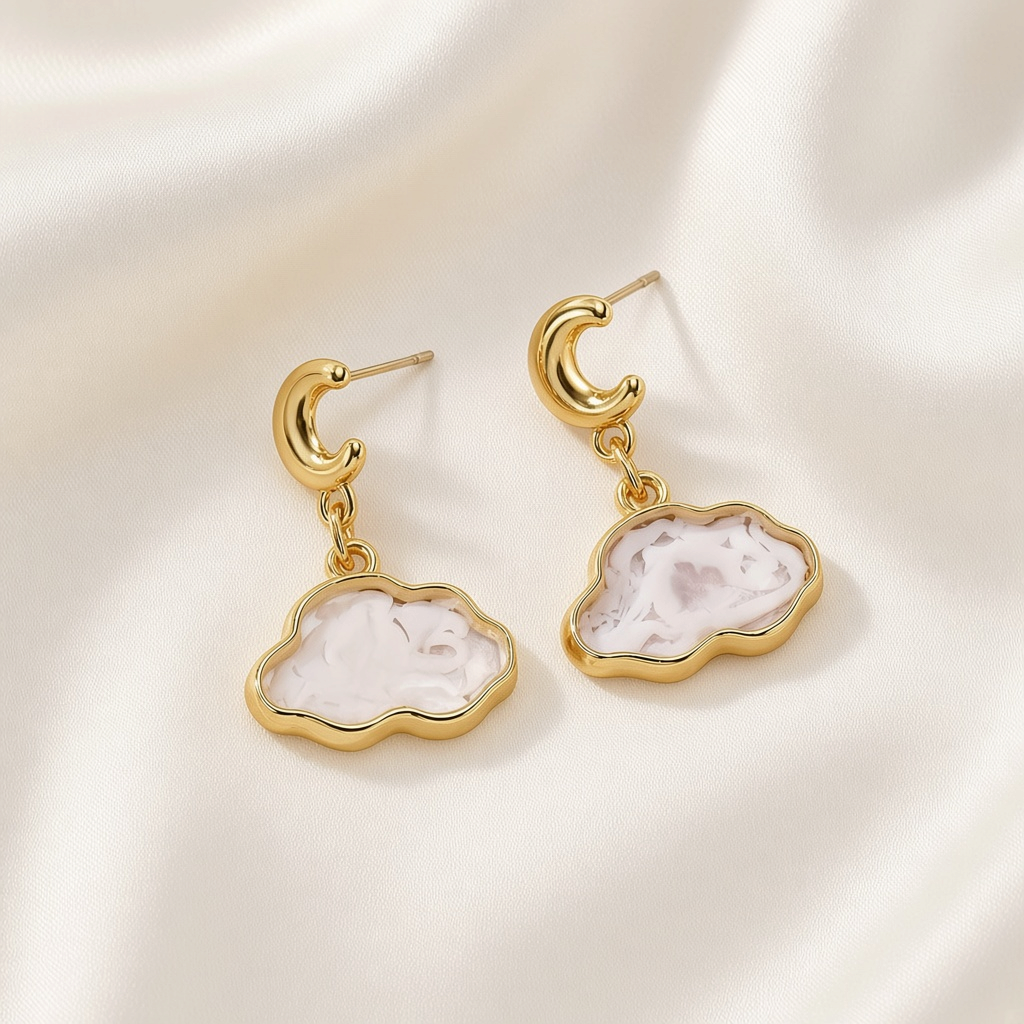 Resin Cloud Dried Flower Drop Earrings Golden Moon Stainless Steel Post - White Cloud
