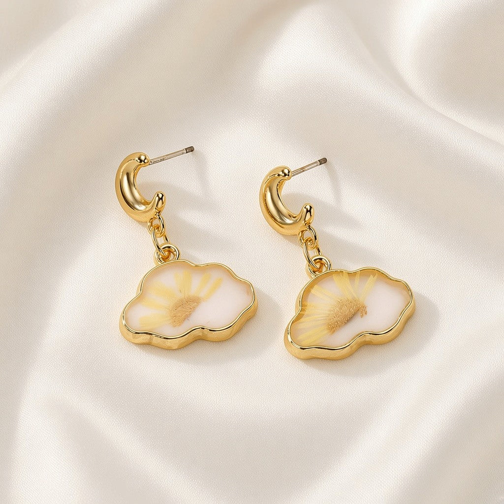 Resin Cloud Dried Flower Drop Earrings Golden Moon Stainless Steel Post - Yellow Daisy Cloud