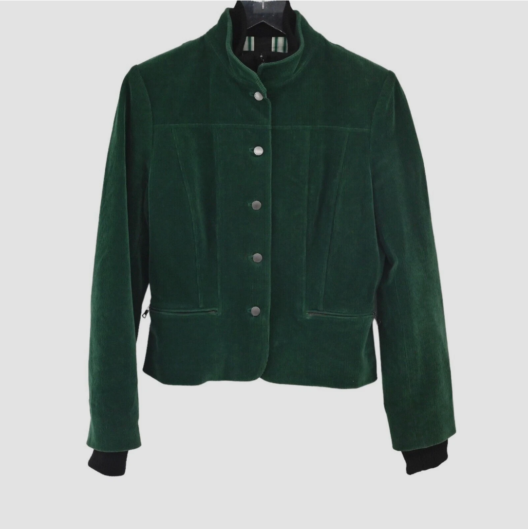 ELIE TAHARI Jacket Womens Sz S Green Corduroy Bomber Full Zip Button Front Retro