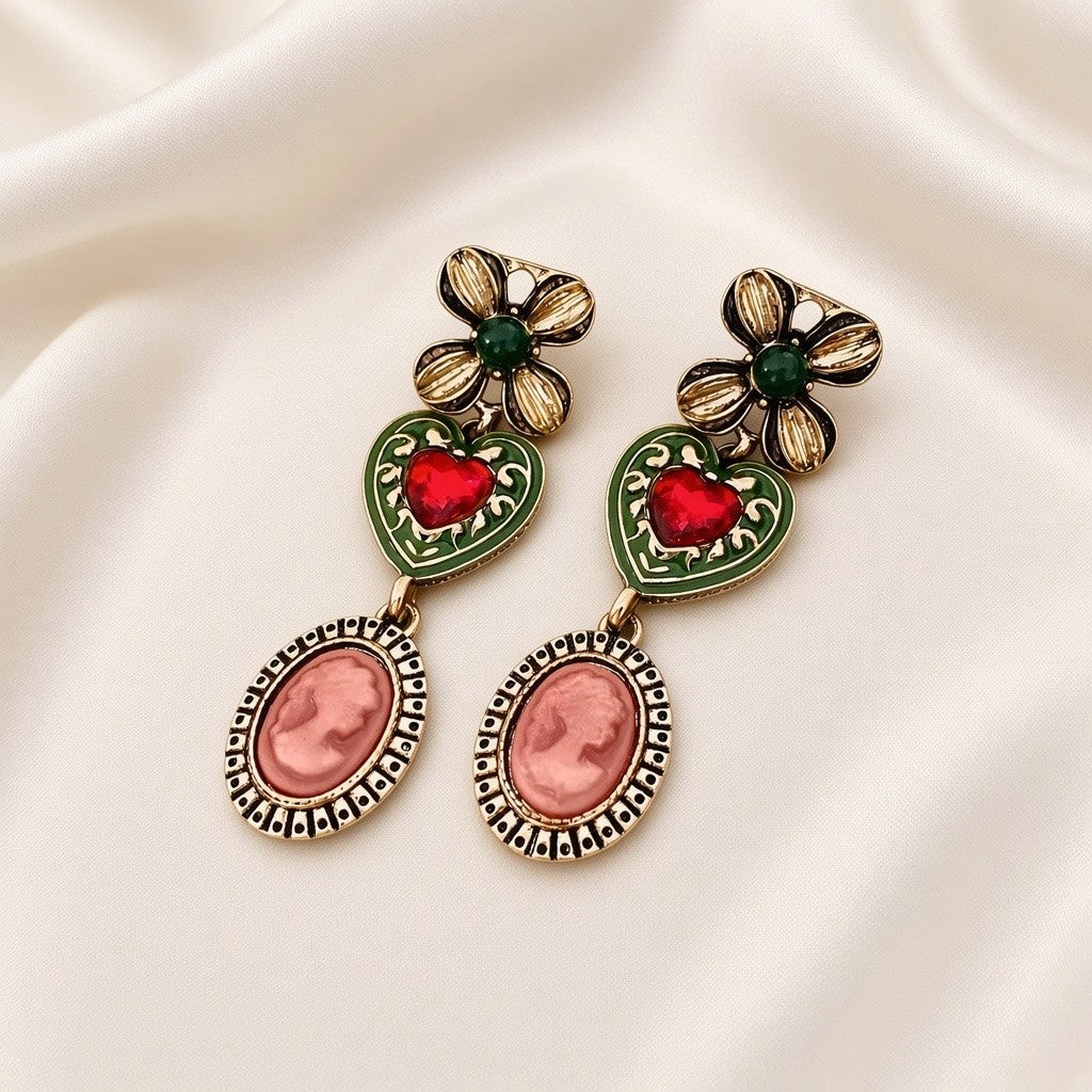 Baroque Cameo Portrait Heart Drop Earrings With Silver Post - Gold Green