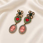 Baroque Cameo Portrait Heart Drop Earrings With Silver Post - Gold Green