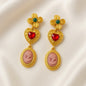 Baroque Cameo Portrait Heart Drop Earrings With Silver Post - Gold